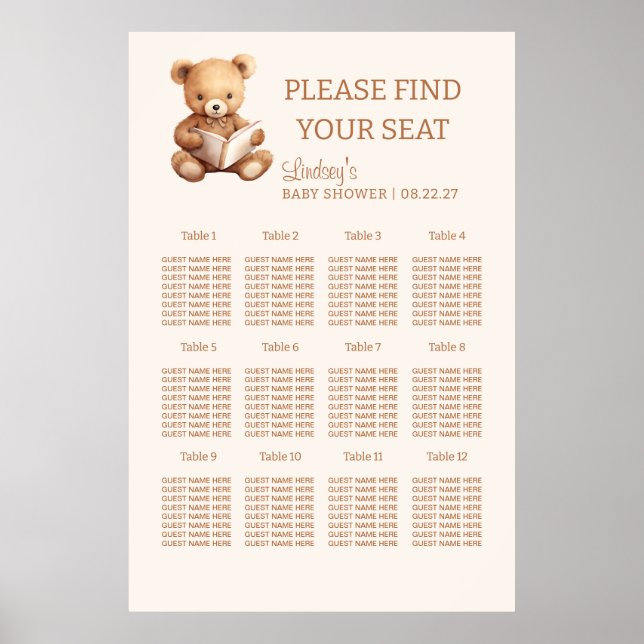 Storybook Teddy Bear Baby Shower Seating Chart (Front)