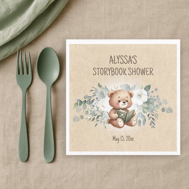 Storybook Teddy Bear Greenery Baby Shower Welcome Napkin (Storybook teddy bear baby shower paper napkins)