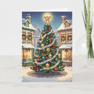 Storybook village Christmas tree with angel Card