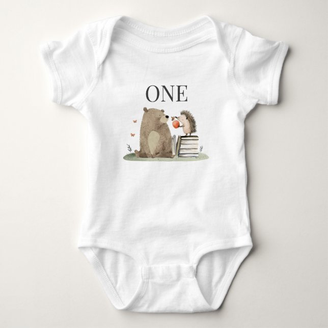 Storybook Woodland Animals 1st Birthday Baby Bodysuit (Front)