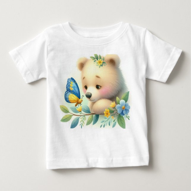 Storybook Woodland Babies Bear And Butterfly Baby T-Shirt (Front)