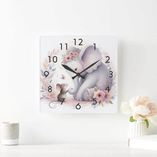 Storybook Woodland Babies Elephant And Mouse Square Wall Clock (Home)