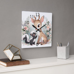 Storybook Woodland Babies Skunk And Deer Square Wall Clock