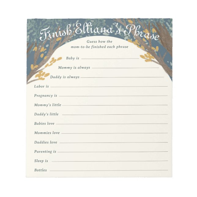 Storybook Woodland Baby Shower Finish Phrase Game Notepad (Front)