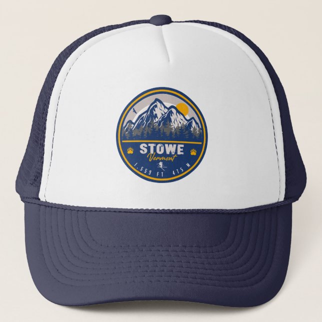 Stowe Mountain Vermont Retro Sunset Ski Souvenir Trucker Hat (Front)