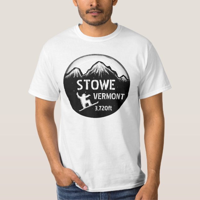 Stowe Vermont black snowboard art value tee (Front)