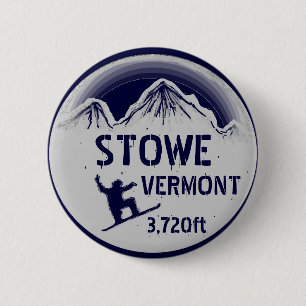 Stowe Vermont navy blue snowboard art button