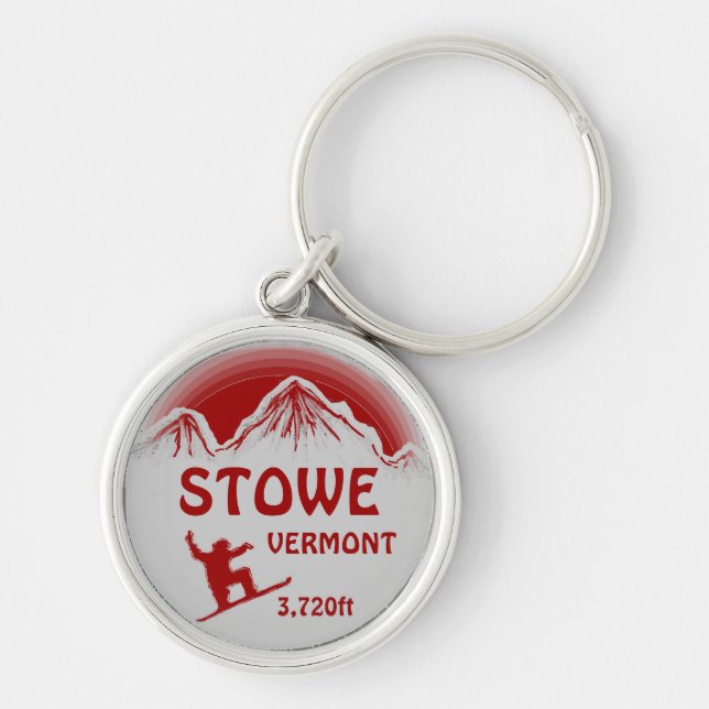Stowe Vermont red grey snowboard art keychain (Front)