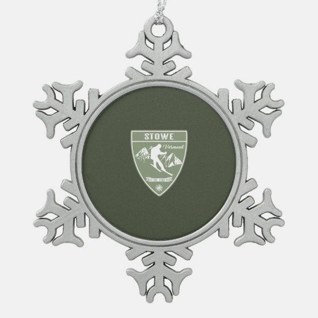 Stowe Vermont Snowflake Pewter Christmas Ornament (Front)