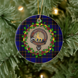 Strachan Badge & Tartan Personalised Christmas Ceramic Ornament