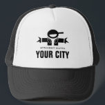 Straight Outta DJ trucker hat | Add your city name<br><div class="desc">Straight Outta DJ trucker hat | Add your city name. Cool music deejay cap with custom text. Examples: Chicago,  New York ,  Philly,  Los Angeles,  Miami etc Homeboy logo with headphones. Black and white headwear.</div>