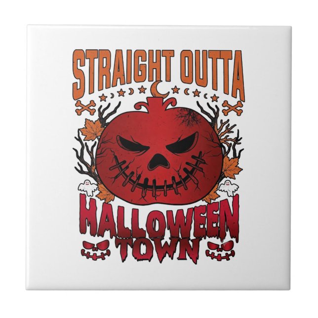Straight Outta Halloween Town Red Pumpkin Ghosts L Ceramic Tile (Front)