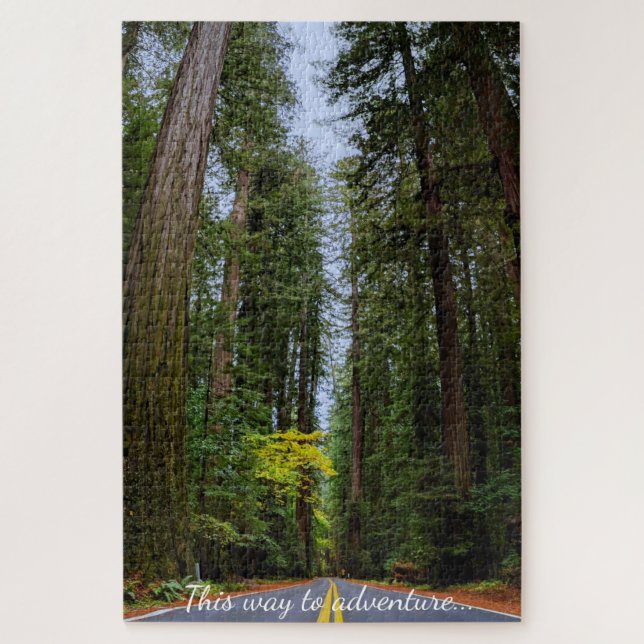 Straight Road Ahead Through Misty Redwood Forest Jigsaw Puzzle (Vertical)