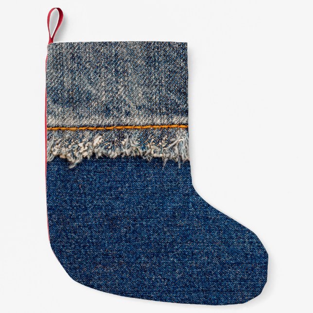 Straight stitch with orange thread on bleached den small christmas stocking (Front)