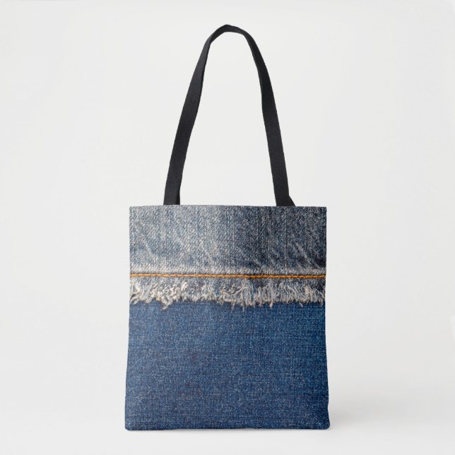 Straight stitch with orange thread on bleached den tote bag (Front)