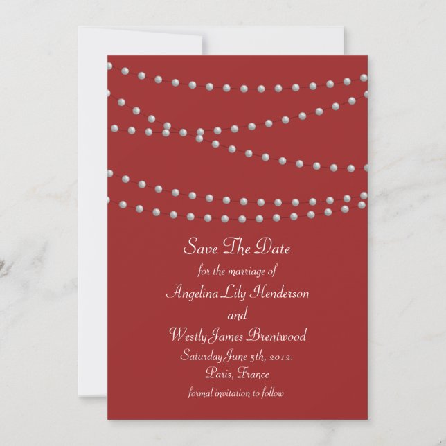 Strands of Pearls on Red Save the Date (Front)