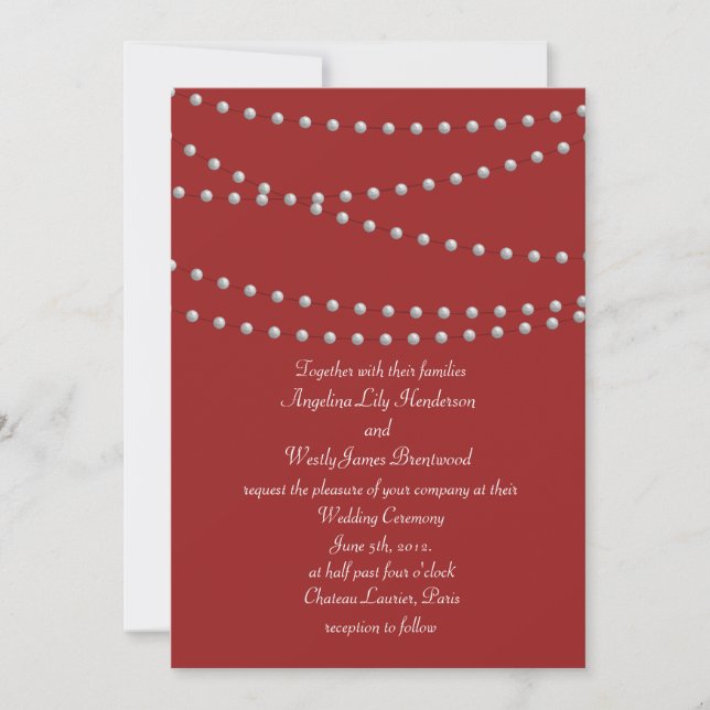 Strands of Pearls on Red Wedding Invitation (Front)