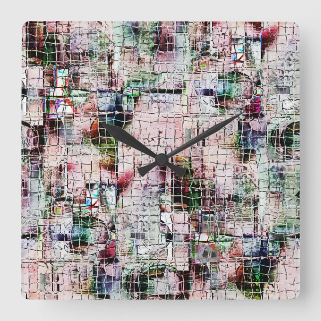 Strange coloured drawing under rustic aged jute square wall clock (Front)