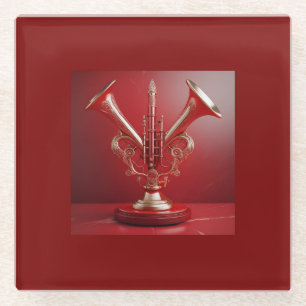 Strange Horn Instrument Resting On Pedestal Glass Coaster