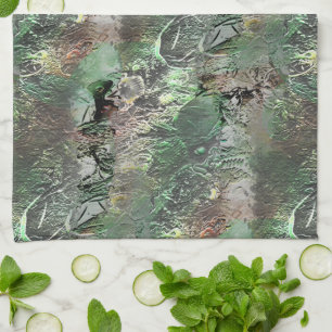 Strange texture in grey green with abstract skull  tea towel