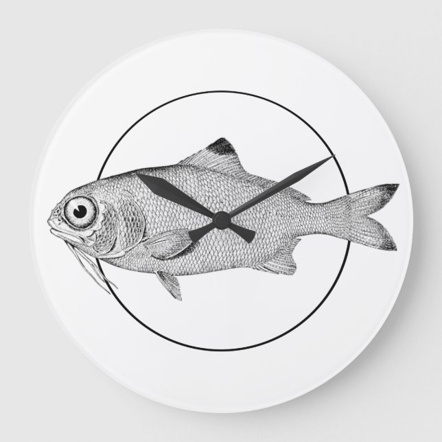 Strange vintage fish drawing large clock (Front)