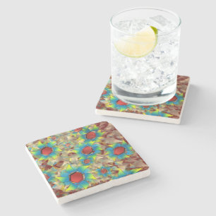 Strange virtual flowers, bluish petals on dark red stone coaster