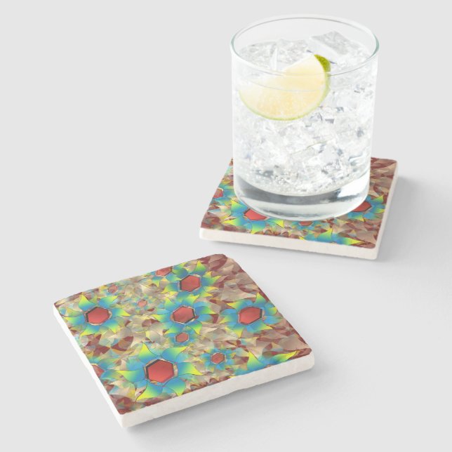 Strange virtual flowers, bluish petals on dark red stone coaster (Side)
