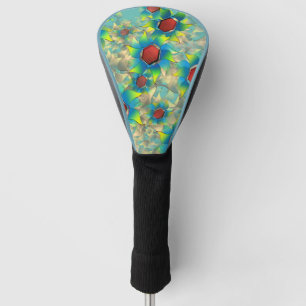 Strange virtual flowers, bluish petals upon teal golf head cover