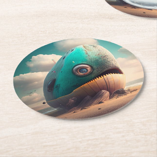 Strange Whale Round Paper Coaster (Angled)