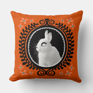 Strange White Bunny: Orange, Teal, & Black  Cushion