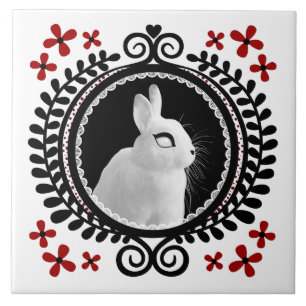 Strange White Bunny: White, Black & Red Ceramic Tile