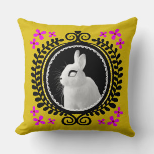 Strange White Bunny: Yellow, Magenta, Red, & Black Cushion