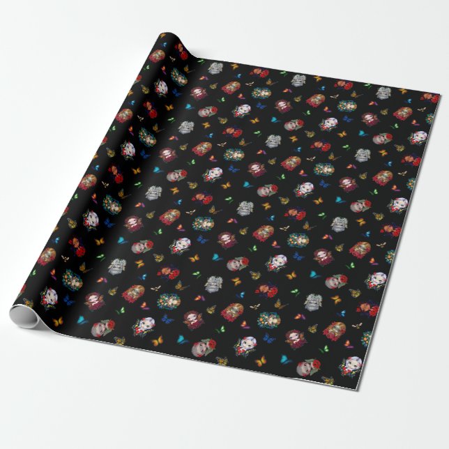 Strangeling Fairies & Butterflies (black) Wrapping Paper (Unrolled)