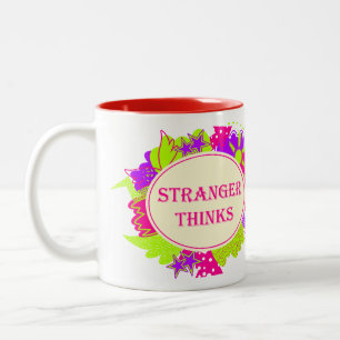 Stranger thinks quote in 80s tv show style Two-Tone coffee mug