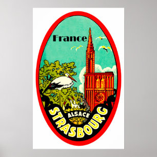 Strasbourg cathedral, storks, France, vintage Poster