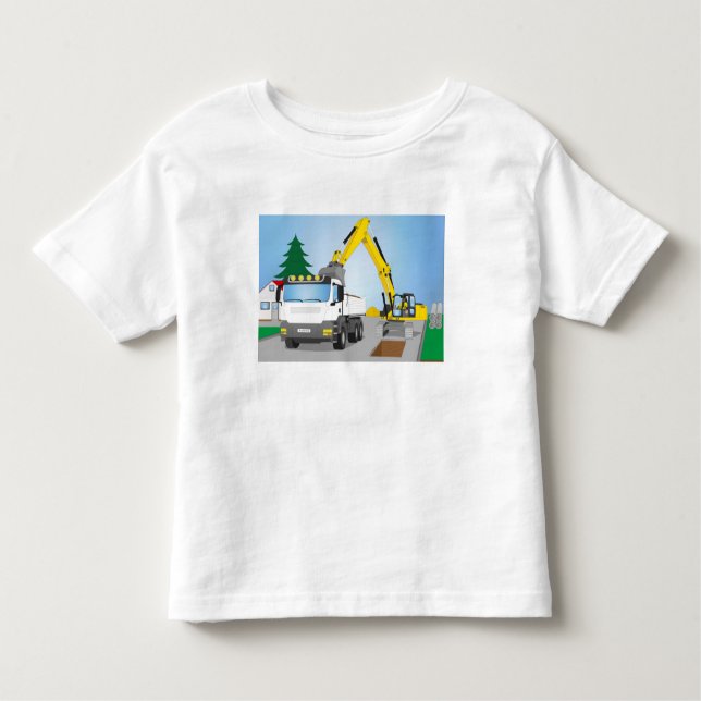 Straßenbaustelle mit weißem LKW und gelben Bagger Toddler T-Shirt (Front)