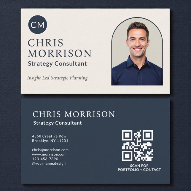 Strategy Consultant Photo QR Code Navy Blue Business Card (Creator Uploaded)
