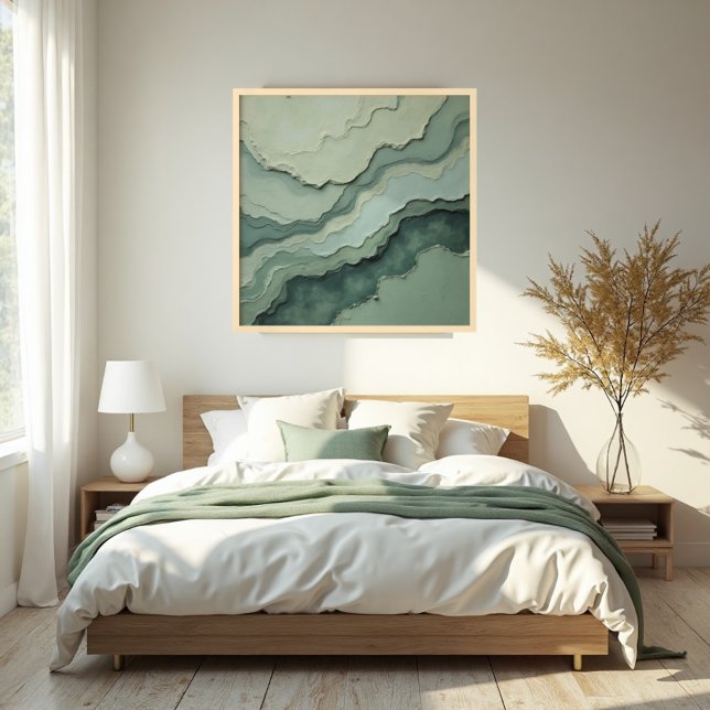 Stratified Sage Abstract - Organic Modern Poster (Stratified Sage Poster: Tranquil Organic Modern Art in Natural Wood Frame.)