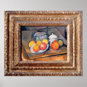 Straw-covered vase, sugar bowl and apples poster