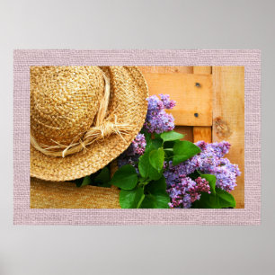Straw Hat and Lavender Flowers Photography Art Poster