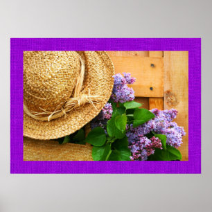 Straw Hat and Lavender Flowers Photography Art Poster