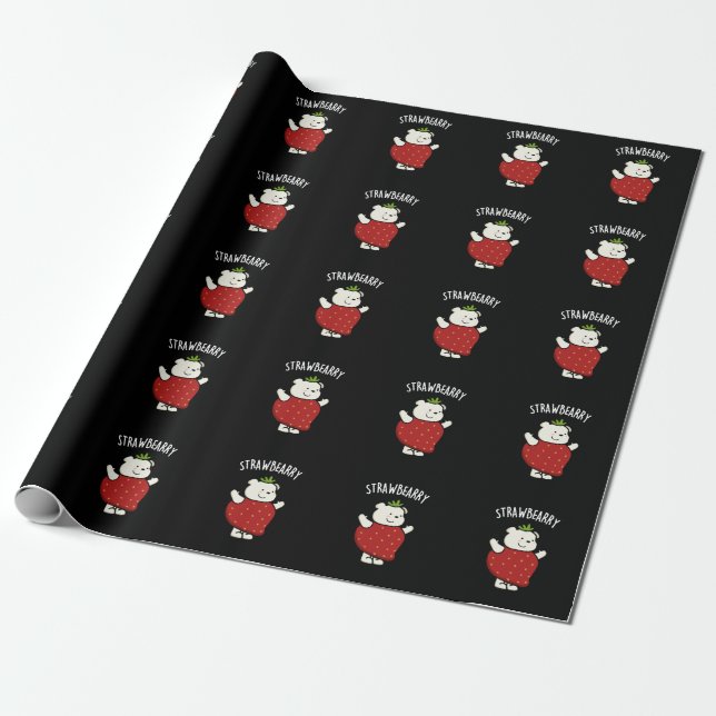 Strawbeary Funny Strawberry Bear Pun Dark BG Wrapping Paper (Unrolled)