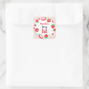 Strawberries 1rst birthday berry first square sticker