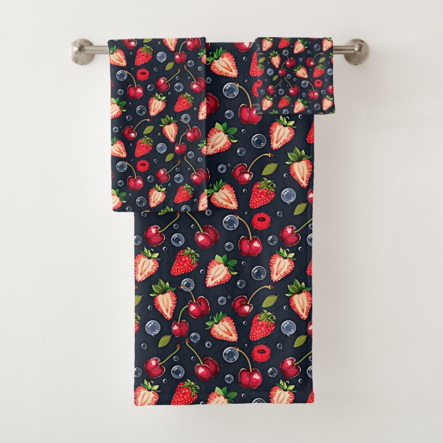 Strawberries and cherries on a dark background   bath towel set (Insitu)