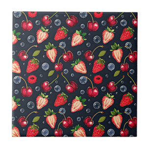 Strawberries and cherries on a dark background ceramic tile