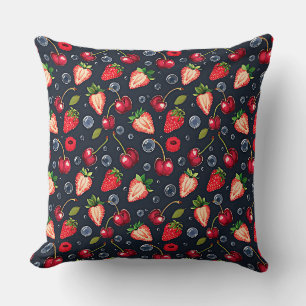 Strawberries and cherries on a dark background cushion
