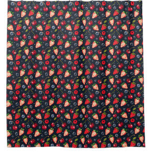 Strawberries and cherries on a dark background shower curtain