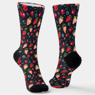 Strawberries and cherries on a dark background socks