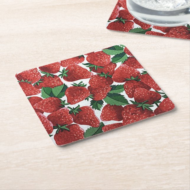 Strawberries and Cream Square Paper Coaster (Angled)
