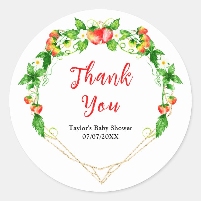 Strawberries and Daisies Baby Shower Thank You Classic Round Sticker (Front)